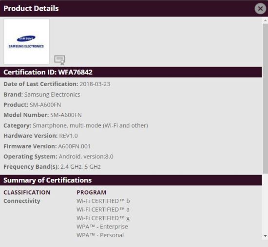 Samsung Galaxy A6 WiFi Certification