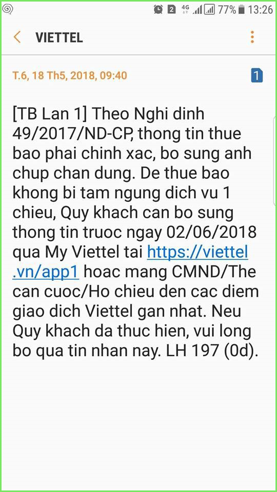tu ngay 2/6 viettel se thuc su khoa 1 chieu neu khach hang chua cap nhat thong tin