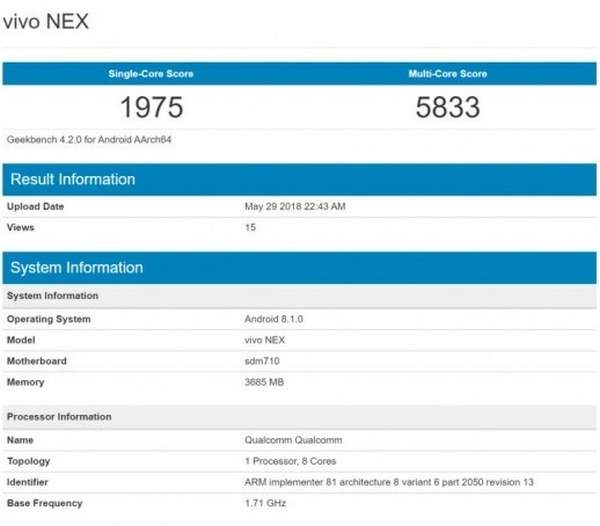 vivo nex lo dien cau hinh tren geekbench 