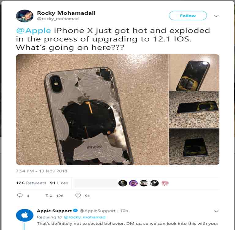apple dieu tra vu viec iphone x phat no khi dang cap nhat ios 12.1