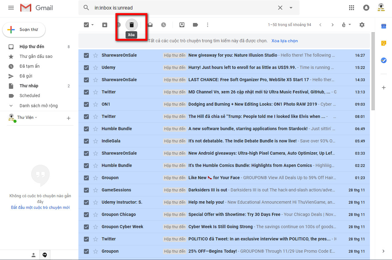 bi quyet xoa toan bo email chua doc