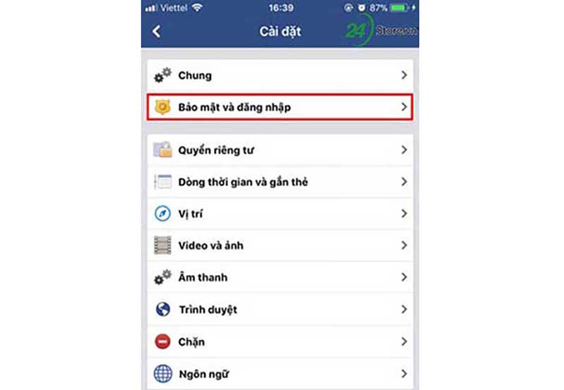 Chọn bảo mật và đăng nhập