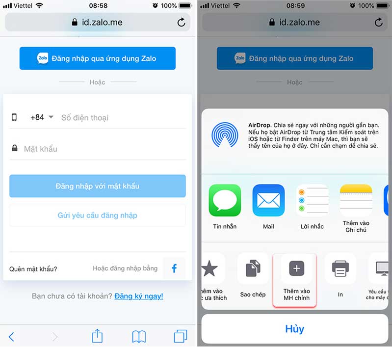 Thêm lối tắt đăng nhập vào màn hình chính