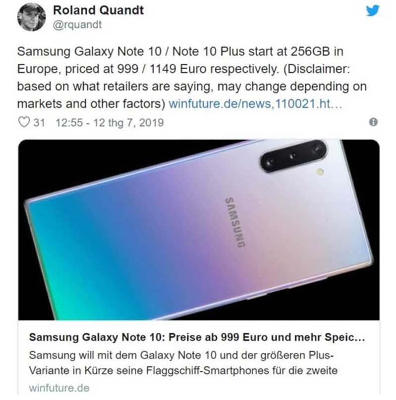 giá bán Samsung Galaxy Note 10 và Note 10 Plus 