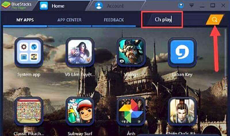tìm kiếm ch play với blue stacks