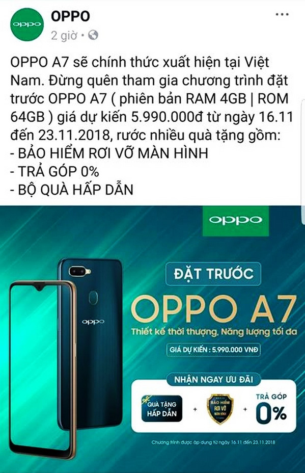 oppo a7 chính thức xuất hiện tại việt nam