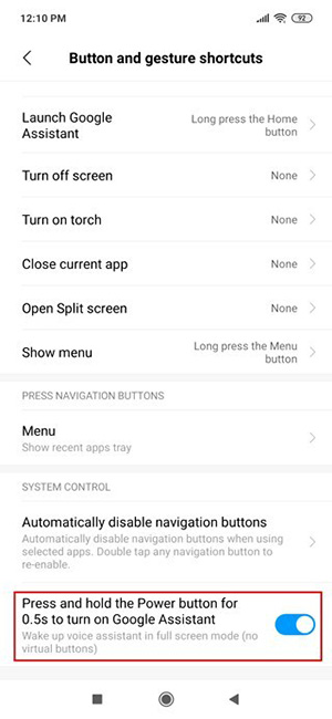 cấu hình nút nguồn thành nút gọi trợ lý Google