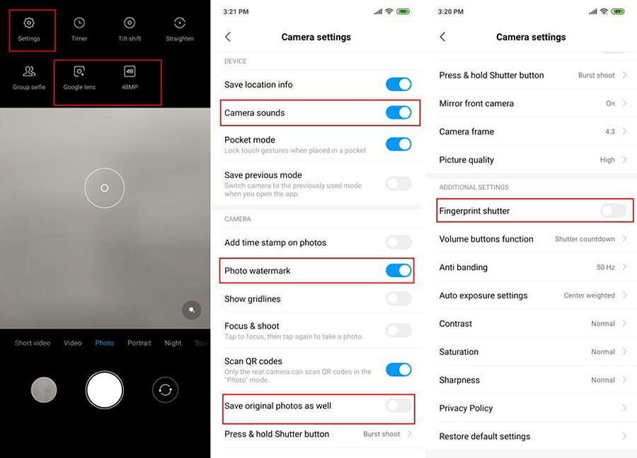 tùy chình chức năng chụp ảnh