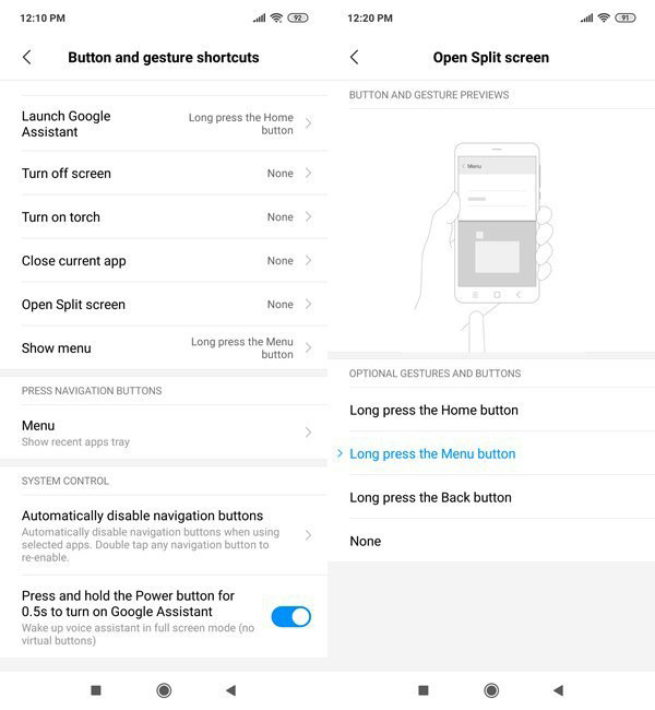 thiết lập phím tắt cử chỉ