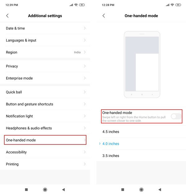 thiết lập chế độ một tay