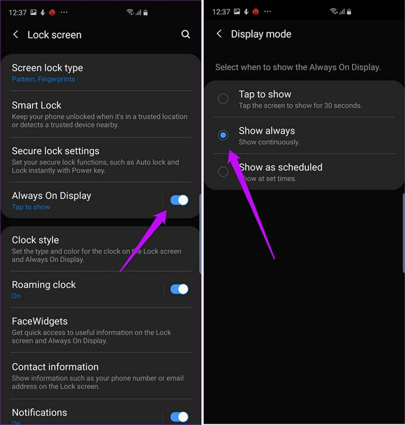thiết lập màn hình luôn hiển thị trên s10