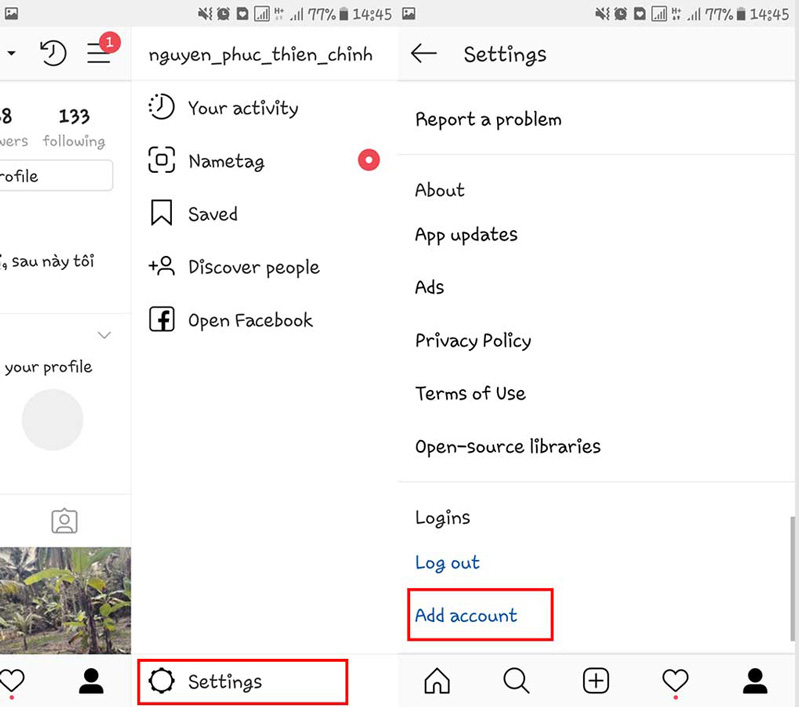 chọn setting và thêm tài khoản
