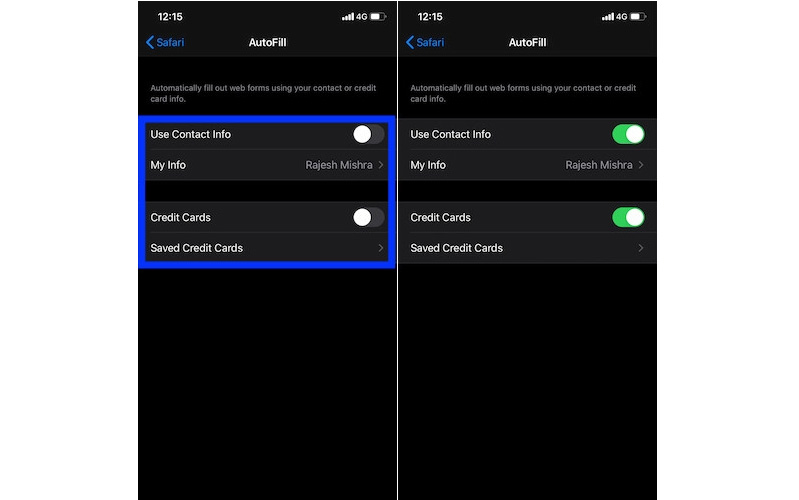 Bật nút bật/tắt cho liên hệ