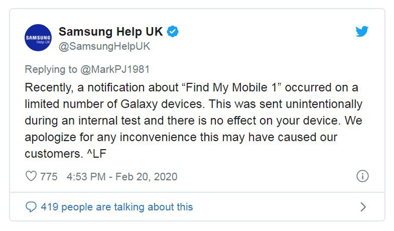 người dùng phản hồi cho samsung về thông báo kì lạ